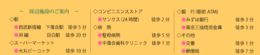 ●西武新宿線下落合駅-徒歩約5分
●JR線目白駅-徒歩約20分
●大丸ピーコック（スーパー）-徒歩約10分
●サンクス24時間（コンビニ）-徒歩約2分
●聖母病院-徒歩約5分
●中落合歯科クリニック-徒歩約1分
●みずほ銀行ATM-徒歩約3分
●東京三協信用金庫-徒歩約3分
●交番-徒歩約1分
●郵便局-徒歩約7分
